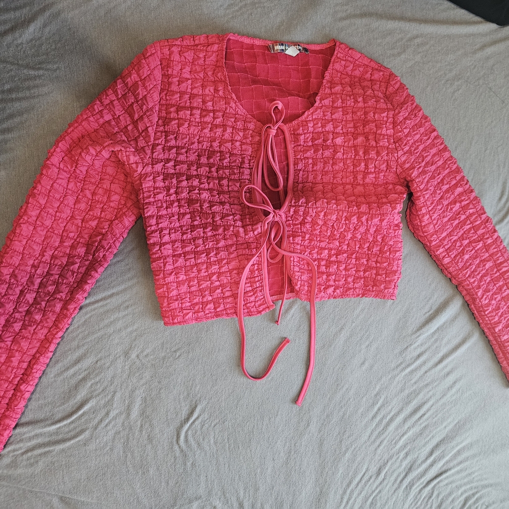 Urban Outfitters Pink Ribbed Tie Front Crop Blouse